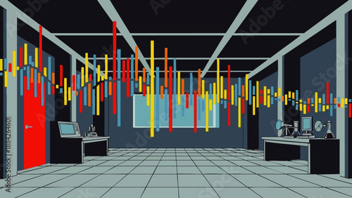 Dynamic abstract data visualization with colorful bars in a contemporary server room, symbolizing business growth, financial markets, and digital analytics.