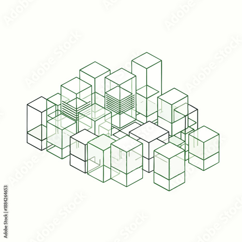 Minimalist 3D render of green wireframe cubes and blocks creating an abstract urban structure, representing digital data and modern design.