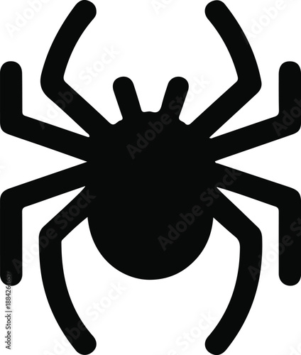 Simple Spider Silhouette Icon, Bold black silhouette illustration of a spider viewed from above, representing danger, fear, Halloween themes, or minimal animal icon design.

