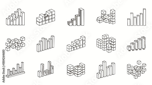 Isometric 3D Bar Charts and Data Visualization Icons Collection. Graphic Elements for Business Growth, Financial Analysis, and Statistical Reporting. Vector Set.