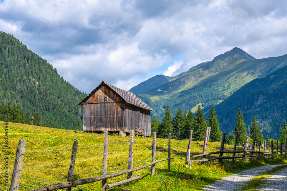 Fototapeta premium A rustic wooden barn stands beside a winding alpine road in Austria. Surrounded by lush green meadows and majestic mountains, the picturesque landscape captures the essence of rural tranquility.