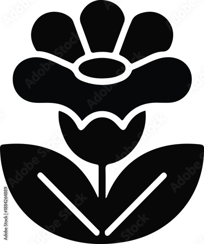 Simple Flower Blossom Icon Illustration, Bold black illustration of a stylized flower with leaves, representing nature, growth, spring, and decorative floral design in a minimal style.

