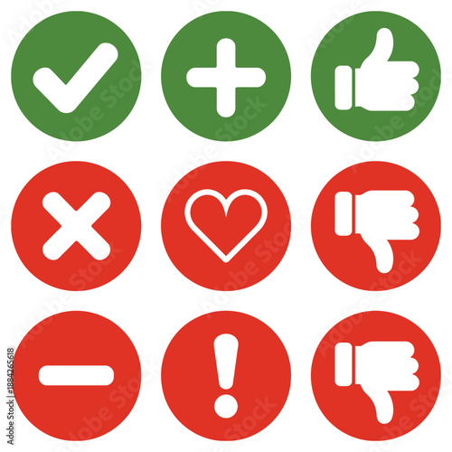 validation rejection and agreement with red and green round icon set isolated, a high ranked vector collection ideal for decision-making graphics, approvals, rejections, voting interfaces, and profess