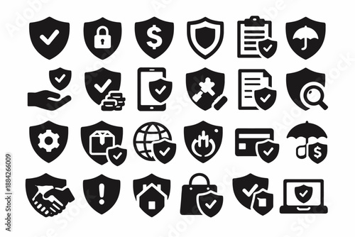 Security and protection icons set with shields and checkmarks