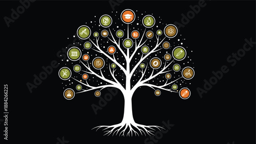 Educational tree with academic icons, science, math, literature, medicine, technology, graduation cap, knowledge growth, flat vector illustration