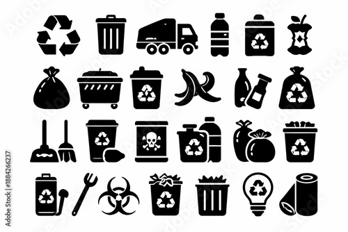 Waste management icons: recycling, disposal, hazard symbols, trash bins