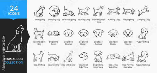 A collection of 24 minimalist line art icons depicting various dog breeds and poses high quality