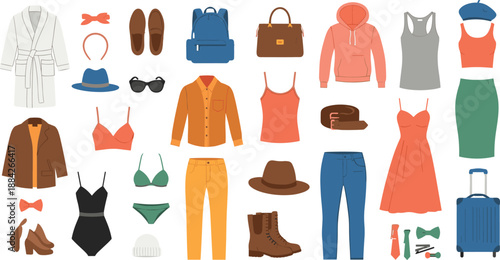 Clothing items, fashion accessories, travel essentials, stylish wardrobe, outfit collection, trendy apparel, packing list, fashion design, flat vector illustration