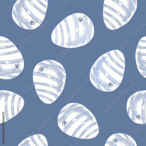 Happy Easter vector seamless pattern with colored blue eggs ink illustration. Hand drawn easter traditional symbol background with striped eggs in retro style for home textile, fabric, packing design.