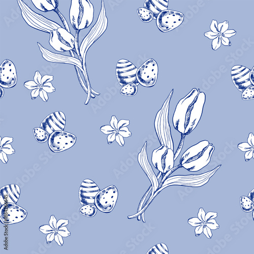 Spring floral seamless pattern on blue with ink engraved easter illustration.Hand drawn Happy Easter eggs, tulip flowers retro blue line art for textile ,packing design.