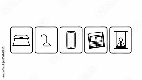 A series of icons representing various objects and actions in a simple line art style, depicted in a horizontal sequence on a clean background.