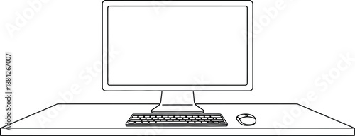 Simple line art depiction of a desktop computer setup featuring a monitor keyboard and mouse resting on a flat surface