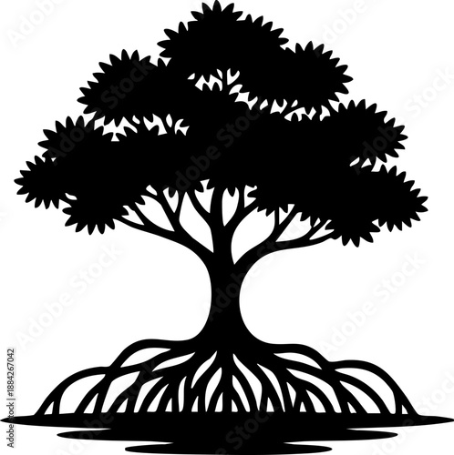 Mangrove tree with prop roots silhouette isolated on white background minimalist coastal and swamp nature illustration