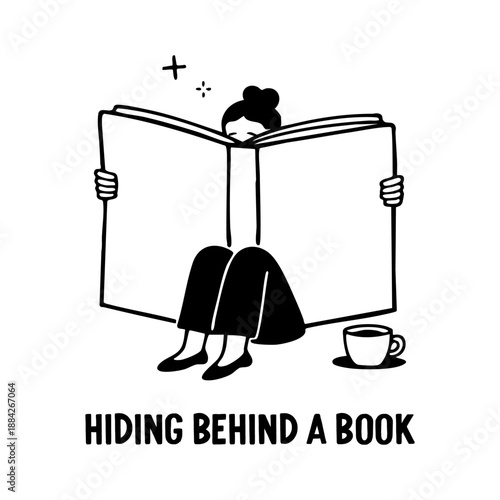 woman sitting and hiding behind an open book vector illustration cozy reading scene with coffee cup white background calm mood for prints posters mugs stationery gifts