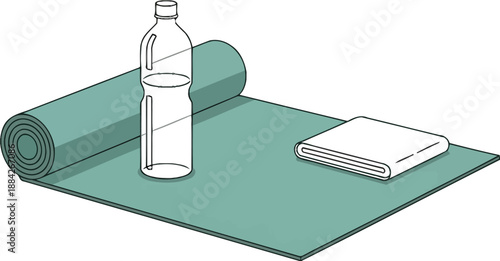 Essential fitness equipment featuring a partially unrolled yoga mat with a clear water bottle and a folded white towel ready for exercise routines.