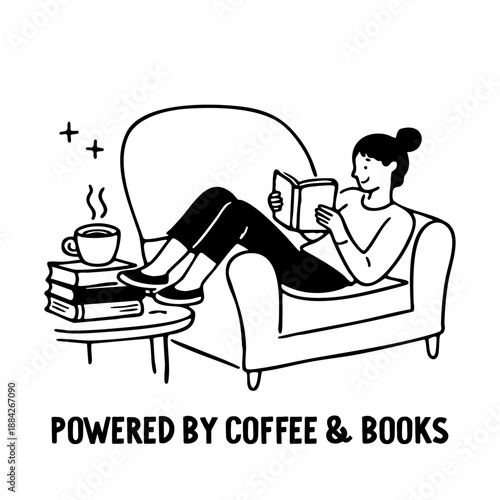woman reading book on armchair with coffee vector illustration cozy home reading scene black and white calm mood for prints posters mugs stationery gifts