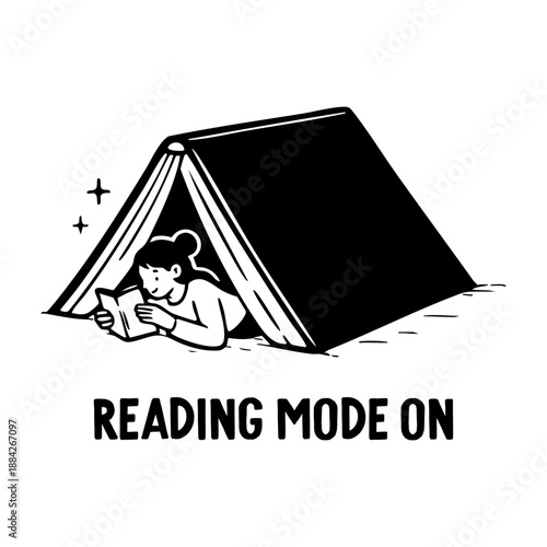 woman reading book inside book shaped tent vector illustration cozy reading scene white background calm mood for prints posters mugs stationery gifts