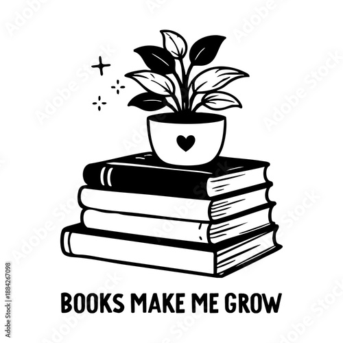 potted plant standing on stacked books vector illustration cozy reading inspired scene white background calm mood for prints posters mugs stationery gifts