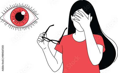 Eye irritation and vision discomfort, red sclera symptom, person with glasses and pain gesture – flat vector illustration
