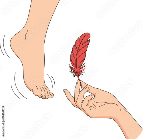 Feather tickling human foot, sensitive reflex reaction, ticklish sensation concept, nervous system response, playful touch, flat vector illustration