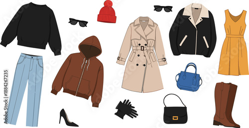 Fashion clothing, trench coat, jeans, sweaters, dress, boots, handbags, sunglasses, gloves, beanie, stylish outfit set - flat vector illustration