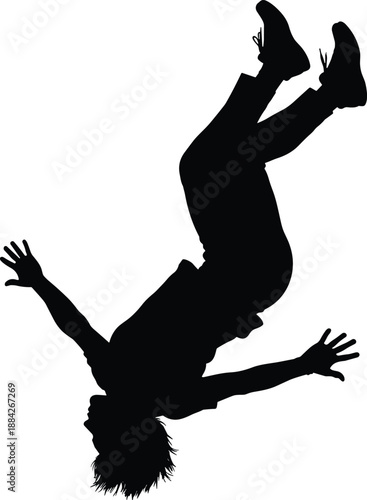 Falling man silhouette illustration, person losing balance concept, accident danger symbol, risk and failure theme, isolated white background, flat vector illustration