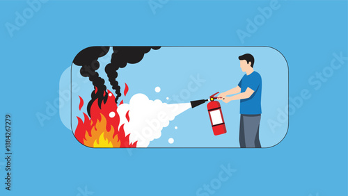 Fire extinguisher safety illustration, person putting out flames, emergency response graphic, fire prevention concept, flat vector illustration