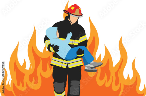 Firefighter rescue illustration, heroic emergency scene, child safety visual, fire protection concept, bravery in action, flat vector illustration