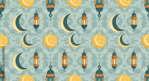 Repeating pattern of crescent moons and lanterns on a decorative background, creating a festive atmosphere for celebrations