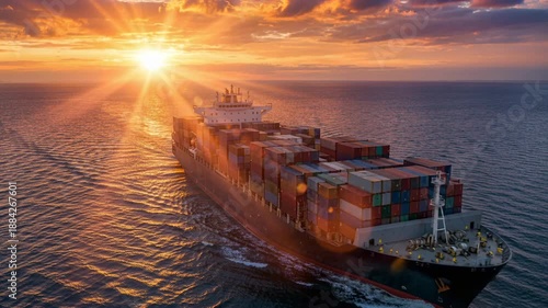 Wallpaper Mural Cargo ship sails through ocean waters at sunset with colorful containers stacked high on deck Torontodigital.ca