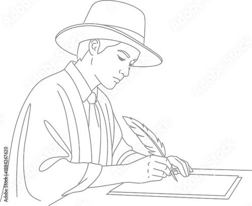 Young historical figure wearing a wide-brimmed hat diligently writing a significant document using an old-fashioned feather quill pen on paper.