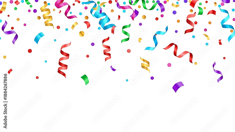 Fototapeta premium A festive shower of vibrant confetti and curling streamers against a dark background isolated on transparent background