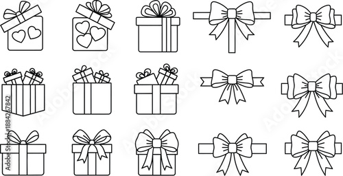 A collection of minimalist black line art icons featuring various styles of wrapped gift boxes and decorative ribbon bows for celebrations.