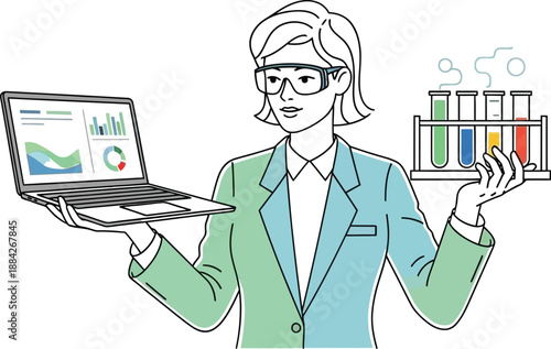 Scientist comparing laboratory test results displayed on a laptop screen balances chemical analysis with data visualization in modern research