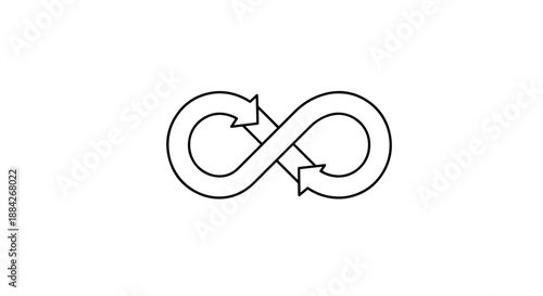 A black outline drawing of an infinity symbol with arrows indicating a continuous loop or cyclical process on a white background.