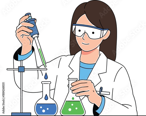 Focused female scientist diligently working in a bright laboratory setting performing precise liquid measurements with essential glassware and safety equipment
