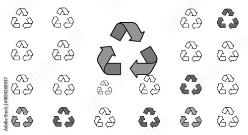 An array of grey recycling symbols, with a large central icon surrounded by smaller variations, illustrating the concept of recycling and sustainability.