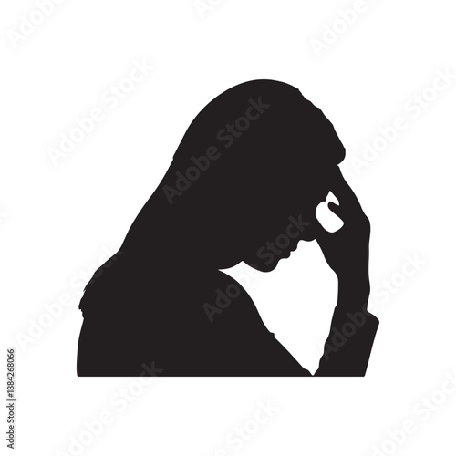 Silhouette of woman with headache migraine stress anxiety depression mental health on white background