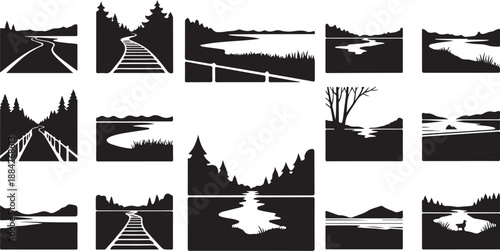 Black and white landscape silhouettes with roads and water