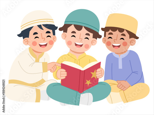 Illustration of Muslim Boys Reading a Book