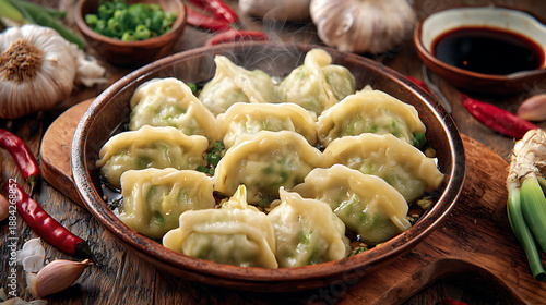 Steaming Vegetable Dumplings in Rustic Clay Bowl, Traditional Chinese Food for Restaurant Menus