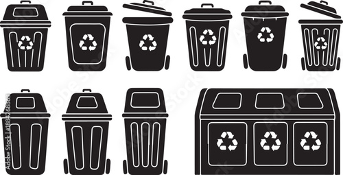 Black and white recycling bins and trash cans illustration