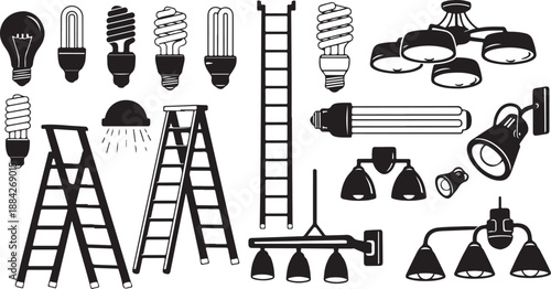 Collection of various light bulbs and ladders illustration set