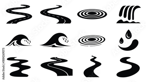 set of twelve black water icons representing rivers waves waterfalls drops and ripples in a minimalist graphic silhouette, a top ranked vector collection perfect for environmental design, nature