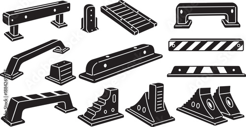 Black and white roadblock icons set for construction sites