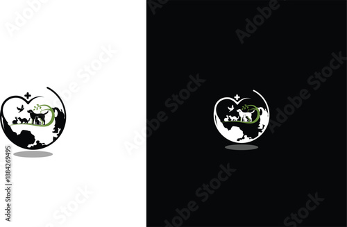 icons Animal welfare logo with earth and heart shape representing global care for pets and wildlife ideal for conservation and veterinary services