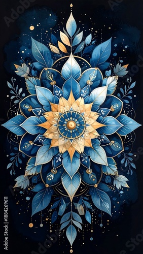 Ornate floral mandala in blue and gold hues against a dark backdrop with gentle, ethereal light effects