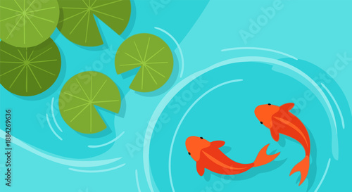 Two vibrant orange koi fish swimming peacefully beneath large green lily pads in bright clear blue water