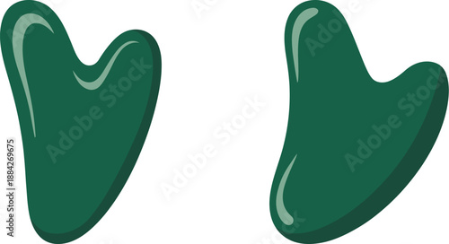 Set of two realistic green jade Gua Sha massage tools for facial sculpting and traditional Chinese beauty therapy, isolated vector illustration on black background.