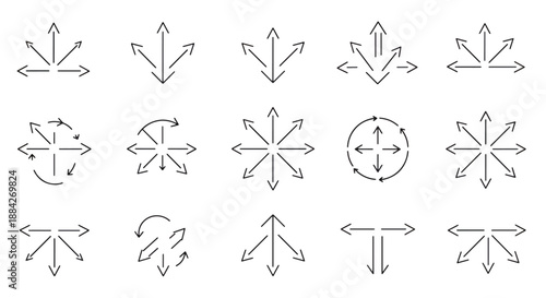 Collection of various arrow icons depicting different directions, movements, expansions, contractions, and rotations in a simple line art style.